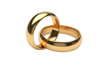 Golden wedding rings isolated on white background, elegant jewelry symbol of marriage, love, union, and commitment for couples