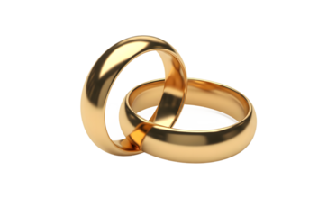 Golden wedding rings isolated on white background, elegant jewelry symbol of marriage, love, union, and commitment for couples