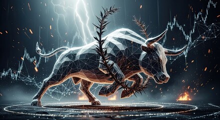 Dynamic geometric bull charges forward amidst lightning, fire, and glowing stock market charts, symbolizing powerful financial growth and market momentum.