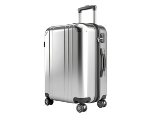A shiny, silver wheeled suitcase angled slightly, against a deep black background