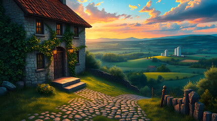 A picturesque stone cottage nestled within a rolling green hills landscape, bathed in the warm light of a vibrant sunset sky. The cottage is adorned with climbing ivy, and a charming stone pathway lea