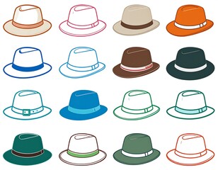 A collection of various colorful men's hats, presented in a flat design, showcasing a range of styles and hues, suitable for apparel design inspiration or illustrative purposes.