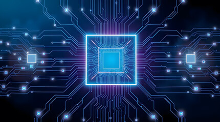 Digital artwork of a glowing circuit board with a central processing unit (CPU), showcasing modern electronic system technology and interconnected pathways. Ideal for themes related to computer scienc