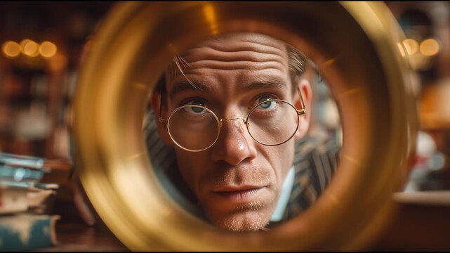 Curious man in vintage glasses looking through a brass telescope in an old library, concept of discovery, exploration, and curiosity  