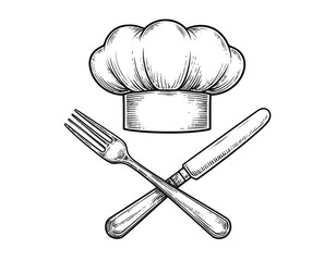 Vintage-style graphic of a chef's hat, fork, and knife, in a detailed line art design.
