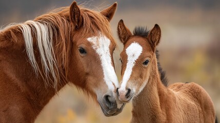 Obraz premium Mother Horse and Foal Snuggling Affectionately, Showing Warmth and Natural Beauty Between Animal Parent and Child