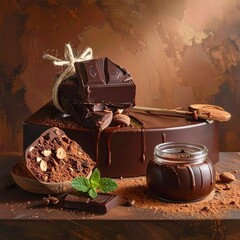 A rich assortment of dark chocolate treats, including decadent slices, a smooth sauce, and a rich cake, are presented in a sophisticated still life composition.