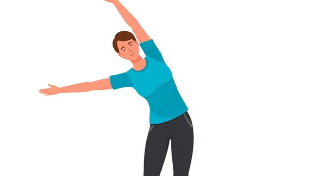 Fitness Animation: Young Woman in Blue Shirt Performing a Dynamic Side Bend Stretch and Warm-Up Routine