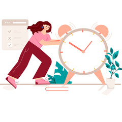 Young Woman Pushing A Giant Alarm Clock With Checklist In Background Managing Time Concept Illustration