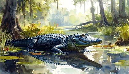 Gator Basking in Swampy Sunlight.