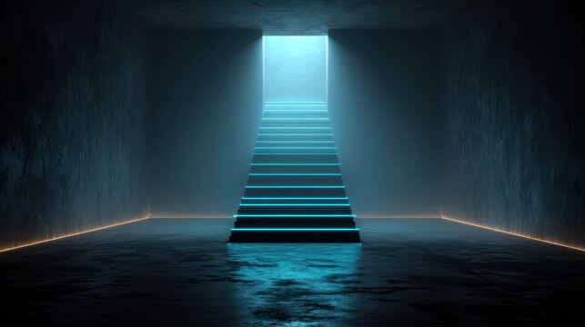 Illuminated staircase in a dark room leads to bright doorway. Use this shot for concept of opportunity and futuristic journey.