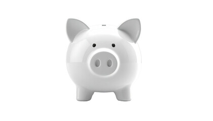Isolated front view of a glossy white ceramic piggy bank on black background