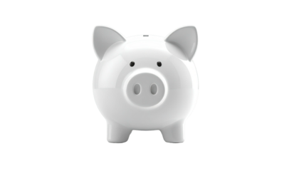 Isolated front view of a glossy white ceramic piggy bank on black background