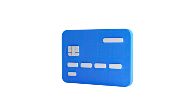 A 3D rendered blue payment card with details, isolated on black