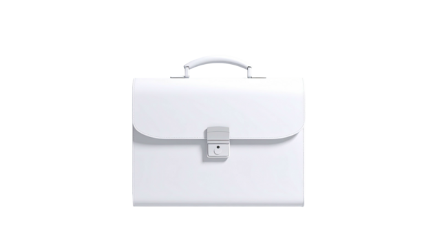 A minimalist, white briefcase with handle and clasp, against a stark black background