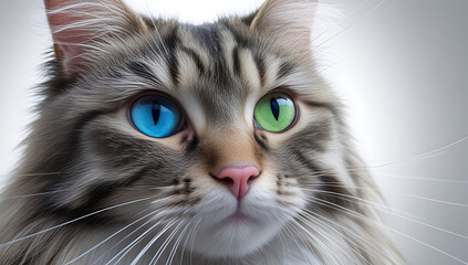 Close-up of a cat's face with vibrant heterochromia eyes, one blue and one green, surrounded by detailed, long, and thick whiskers, a small pink nose, and a subtle sheen on the fur