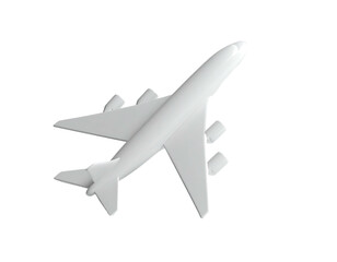 White 3D model of a passenger airplane, angled from above, on a black background