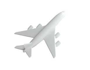 White 3D model of a passenger airplane, angled from above, on a black background
