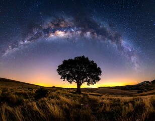 A solitary tree stands sentinel against a breathtaking panorama of a twilight sky, adorned with a vibrant Milky Way galaxy, arching above a golden, rolling landscape.
