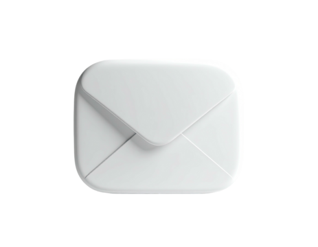 Isolated, glossy white envelope icon, softly shadowed, on a stark black backdrop