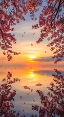 Cherry Blossom Sunset - A Serene Reflection on Tranquil Waters.