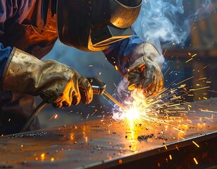 Skilled worker meticulously welds metal, sparks flying in a concentrated industrial setting.