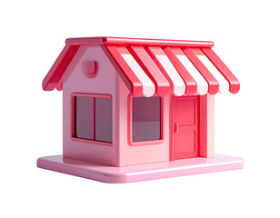 Cartoon pink store with awning and windows, on a platform. Black background