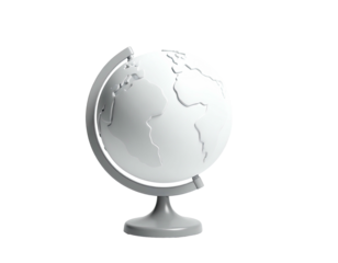 A minimalist rendering of a globe, rendered in white and gray, on a black backdrop