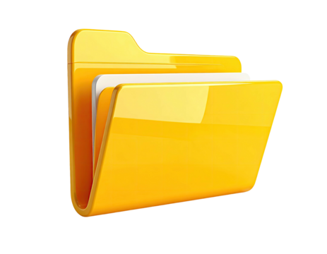 A glossy yellow folder icon with documents inside on a stark black background