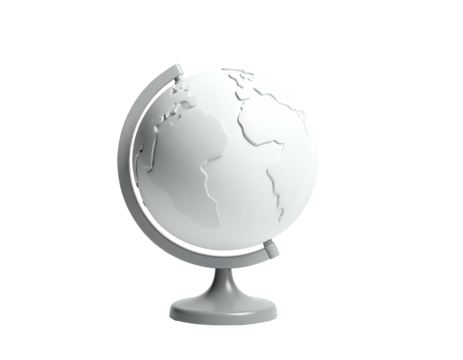 A minimalist rendering of a globe, rendered in white and gray, on a black backdrop - Powered by Adobe