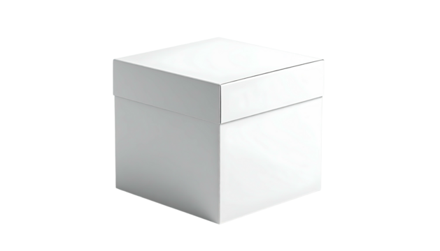 A clean, white square box with a lid, set against a dark, undefined background
