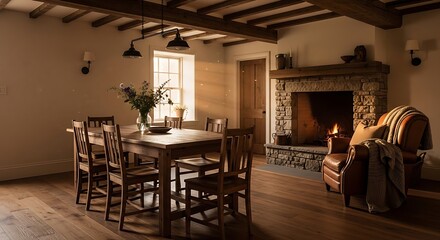 Cozy dining room with fireplace and wooden furniture creates a warm and inviting atmosphere