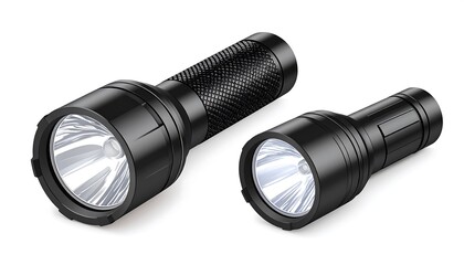 Two Black Flashlights, Different Sizes, Focused Light.
