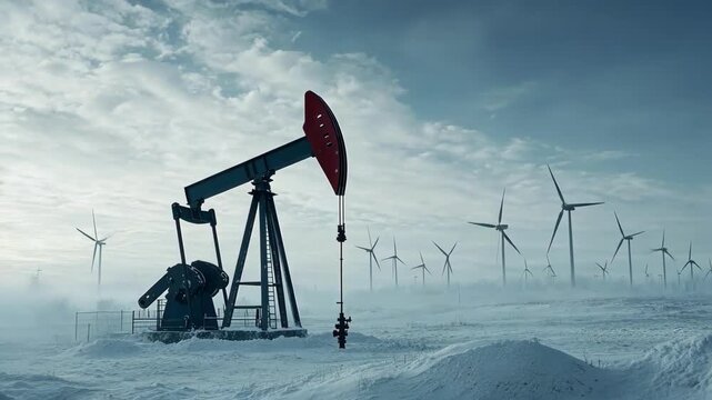 Oil pump jack and wind turbines in a snowy, foggy landscape. Energy transition.