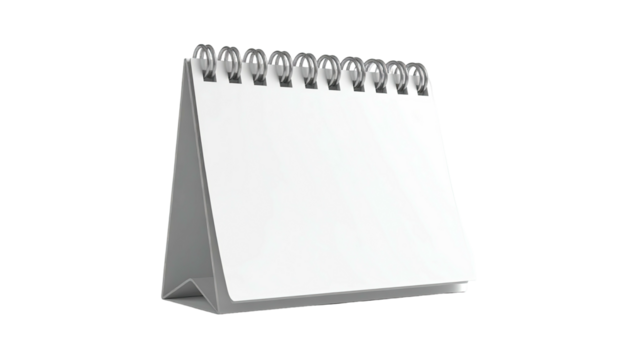 A blank white desk calendar with spiral binding, displayed against a dark background