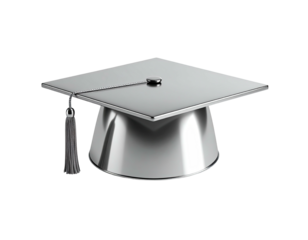 A shiny, metallic graduation cap, tasseled, isolated on a black background