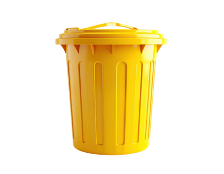 A bright yellow trash receptacle, lid closed, against a black background