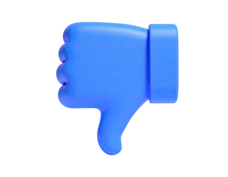 A bright blue, 3D rendered thumbs-down gesture against a stark black background