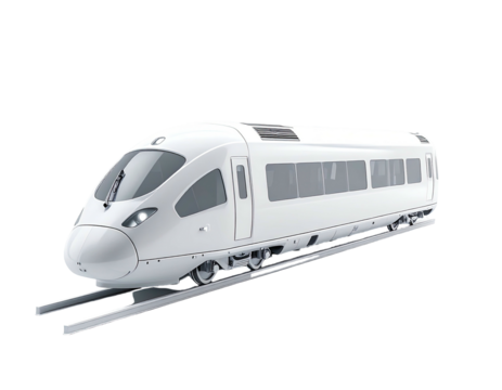 Sleek, modern white high-speed train on tracks, isolated against a black background
