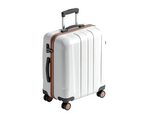 Modern, upright white travel suitcase with brown accents, on a black background