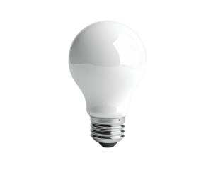 A glossy, white, glass lightbulb with a metal base, against a black background