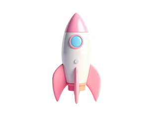 Rendered 3D toy rocket ship with pink accents against a black background