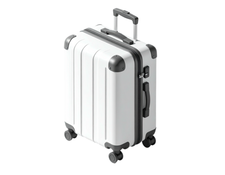 Modern, hard-shell suitcase with wheels and a retractable handle, isolated on black