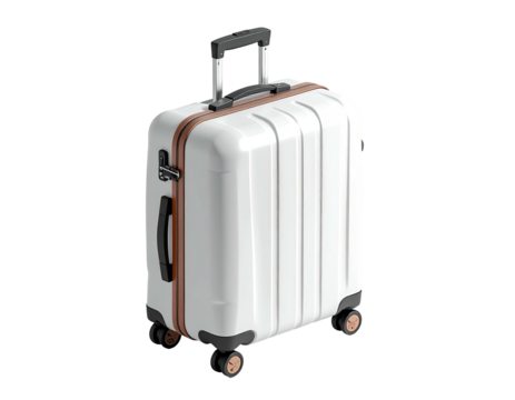 Modern, upright white travel suitcase with brown accents, on a black background