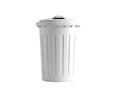 A white waste receptacle with a lid, set against a solid black background