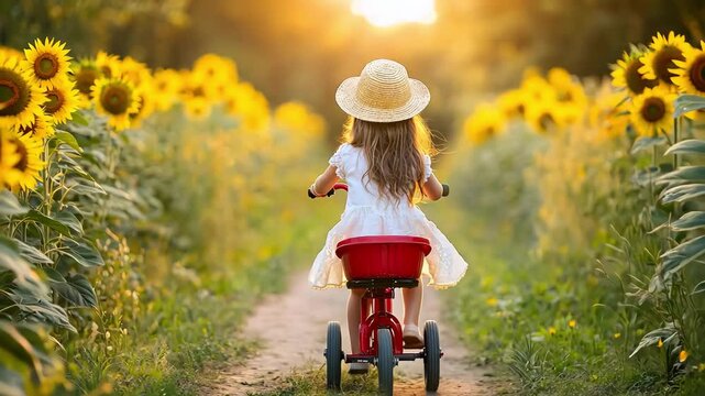 Little girl rides a tricycle through a sunflower field at sunset. Childhood joy.