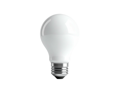 A bright, white light bulb illuminated against a stark black background