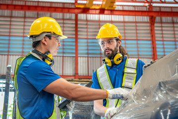 Two male factory workers wearing hard hats and safety glasses discuss a large metal object