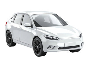 Fototapeta premium Sleek white hatchback car, angled slightly, with dark wheels, isolated on black
