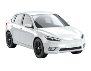 Sleek white hatchback car, angled slightly, with dark wheels, isolated on black
